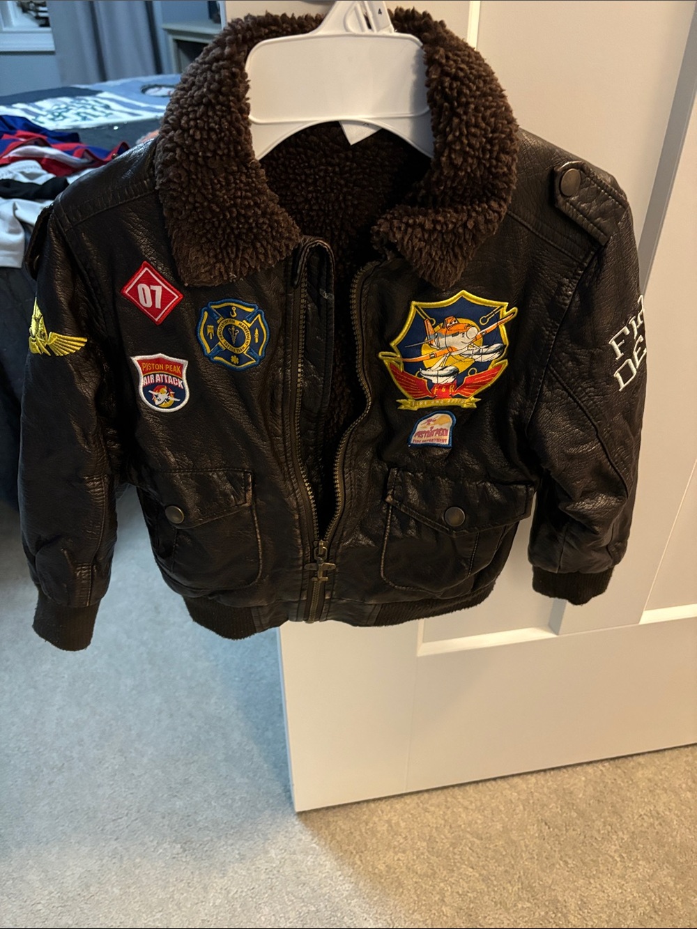 Disney Boys Black Faux-Leather Patch Bomber Jacket with Sherpa Collar